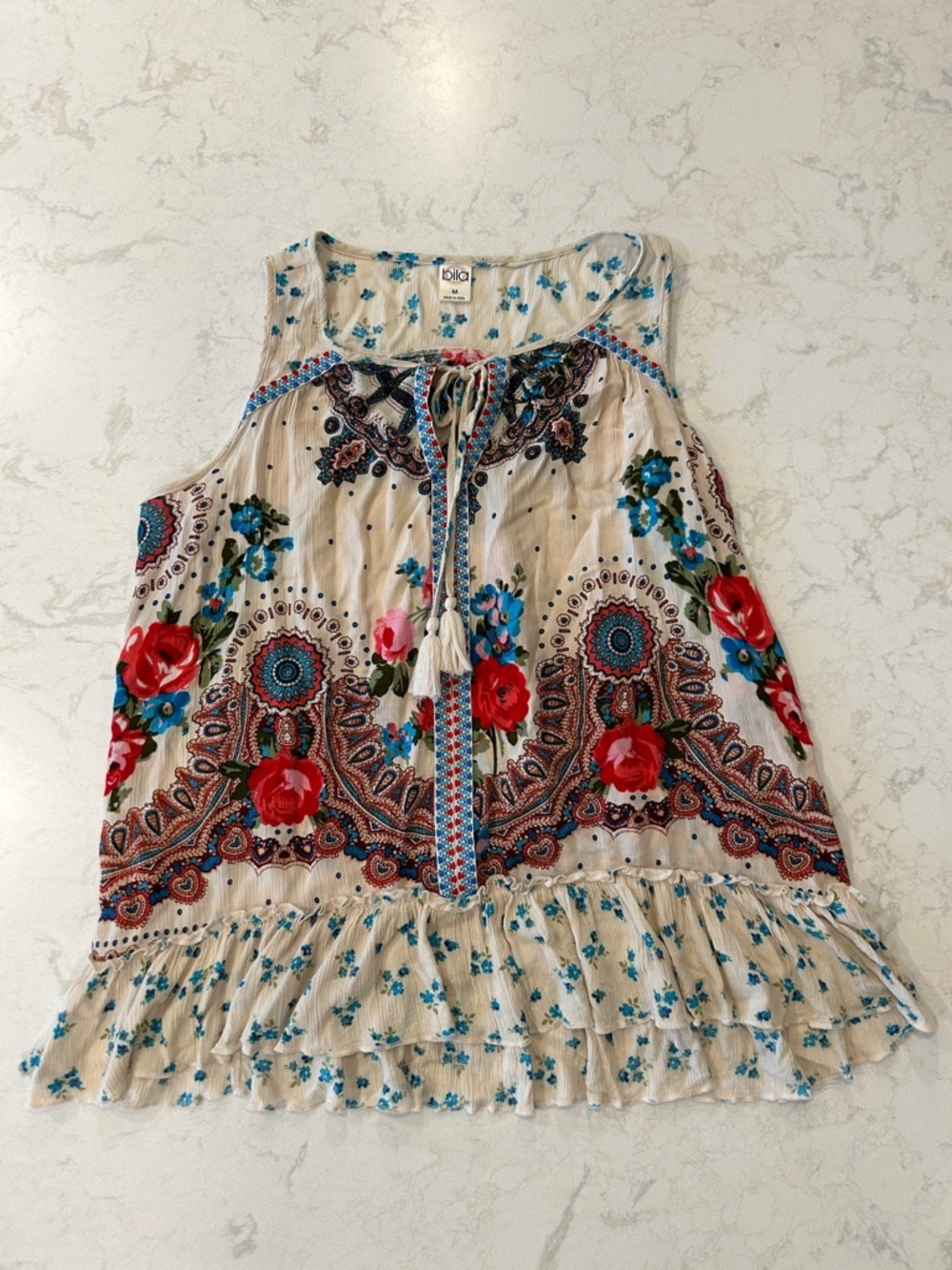 Billabong Floral Embroidered Festival Tassel Sleeveless Top Floral Boho Medium